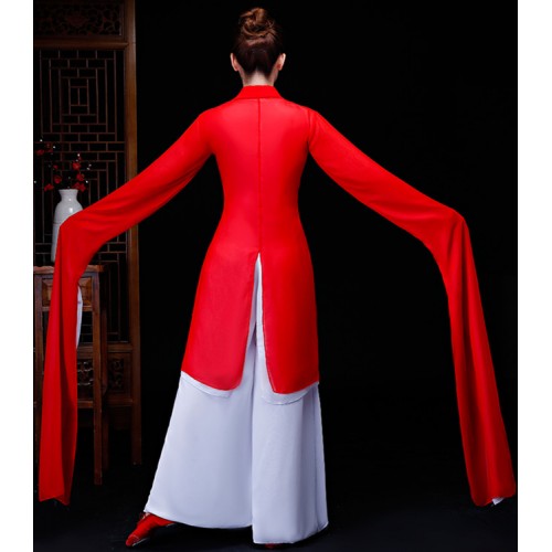 Women's Chinese ancient traditional dance dresses hanfu white with red fairy Water sleeves stage performance cosplay dress costumes
